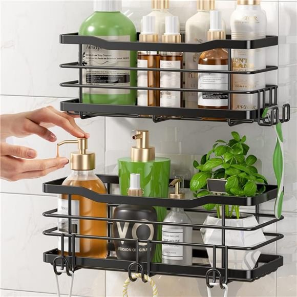 Shower Caddy Adhesive Shower Organizer with 5 Hooks, 2 Pack No Drilling -Black - Picture 2 of 6